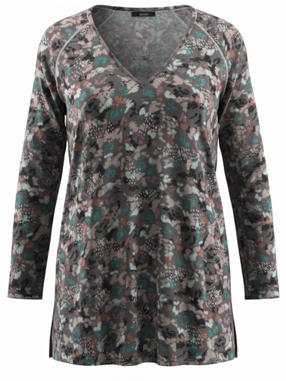 Prana Gray Floral V-Neck Long Sleeve Sleep Shirt with Teal and Pink Accents